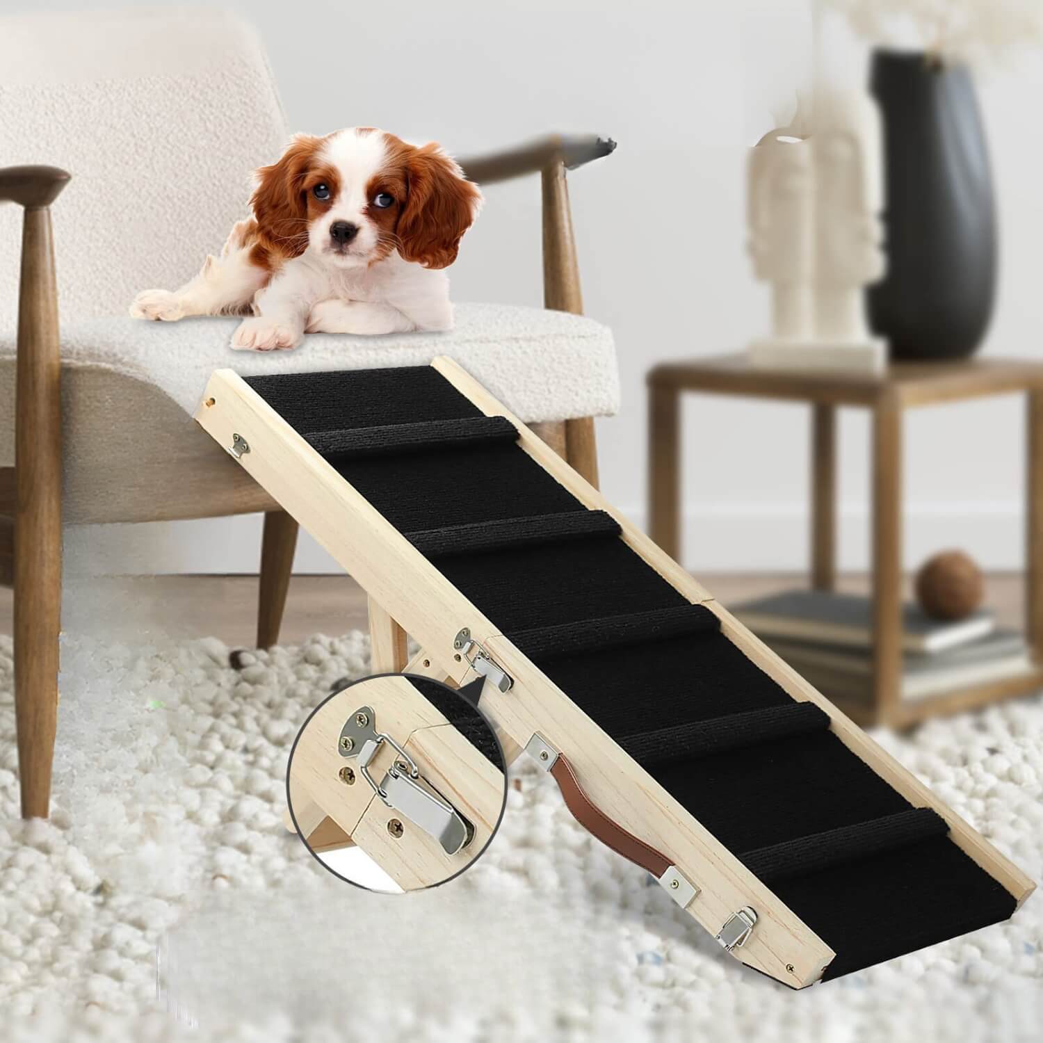 geeft de helling weer die wordt gebruikt om een hond te helpen een stoel te bereiken